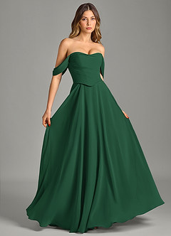 Azazie Chelsey Abiti da Damigella Abito Convertibile A-Line in Chiffon a Spalla Scoperta Verde Scuro image5