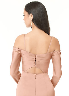 Azazie Hallie Abiti da Damigella Abito Convertibile Tubino in Raso Elasticizzato Manica lunga con spalle scoperte Oro Rosa image13