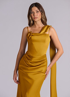 Azazie Inara Bridesmaid Dresses Butterscotch Mermaid Pleated Stretch Satin Dress image7