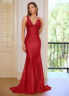 Marina Rot Meerjungfrauen-Abendkleid mit tiefem V-Ausschnitt und Falten image3