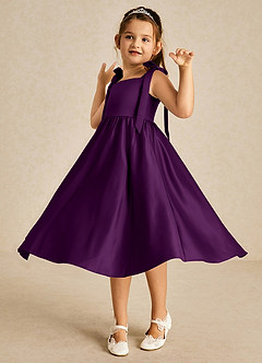 Azazie Chelsie Flower Girl Dresses Grape A-Line Bow Matte Satin Dress image3
