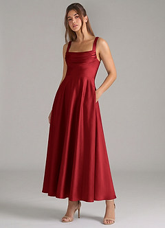 Azazie Shaude Bridesmaid Dresses Scarlet A-Line Pleated Stretch Satin Dress image5