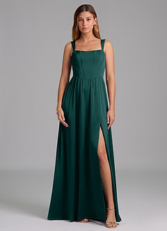 Azazie Rosaline Bridesmaid Dresses Pine A-Line Side Slit Stretch Satin Dress image3