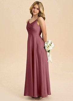 Azazie Bug Junior Vestido de Rosa Del Desierto de Satén Elástico de Corte en A con Plisado image7