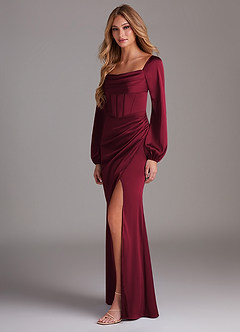 Azazie Charissa Bridesmaid Dresses Burgundy Sheath Long Sleeve Stretch Satin Dress image5