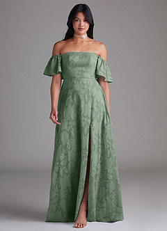Azazie Sue Robes de demoiselle d'honneur Robe Trapèze Convertible en Blumen-Burnout Épaule décolletée Matcha image1