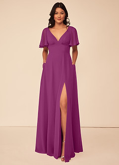 Azazie Kimber Bridesmaid Dresses Orchid A-Line Flounce Sleeve Chiffon Dress image7