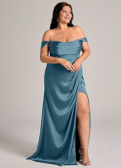 Azazie Johana Brautjungfernkleider Wandelbar Meerjungfrau-Linie Schulterfrei Stretch-Satin Kleid Bermudablau image11