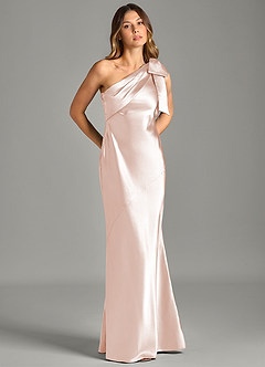 Azazie Yuanna Bridesmaid Dresses Rose Gold Mermaid One Shoulder Metallic Satin Dress image5