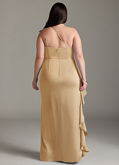 Azazie Latrice Bridesmaid Dresses Gold Sheath One Shoulder Cascading Ruffles Stretch Satin Dress image7