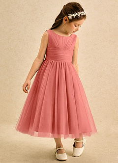 Azazie Macaron Flower Girl Dresses Salmon Pink A-Line Pleated Tulle Dress image1