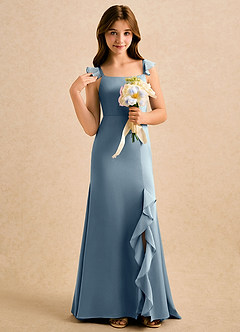 Azazie Novalie Girls Formal 플라워 걸 드레스 인어 보우 스트레치 새틴 플로어 길이 드레스 image5