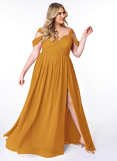 Azazie Lianne Bridesmaid Dresses Butterscotch A-Line Off the Shoulder Chiffon Dress image10