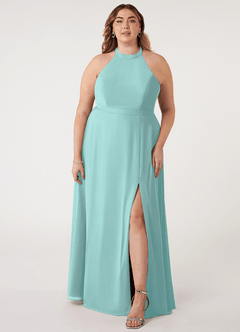 Azazie Clarice Bridesmaid Dresses Aqua A-Line Halter Chiffon Dress image8