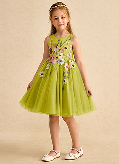 Azazie Prima vestidos de niña de las flores Vestido de Hierba De Limón de Tul de Corte en A con Lazo image5