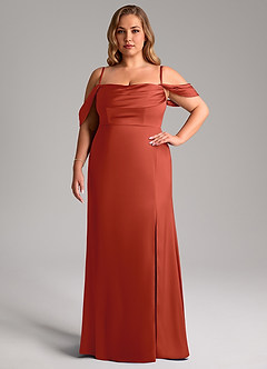 Azazie Saige Bridesmaid Dresses Rust Sheath Off the Shoulder Stretch Satin Dress image15