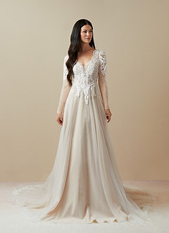 Azazie Essy Wedding Dresses Diamond White Nude A-Line V-Neck Sequins Tulle Dress image1