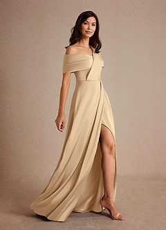 Azazie Milton Mother of the Bride Dresses Champagne A-Line Pleated Stretch Satin Dress image2