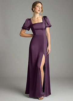 Azazie Fyona Bridesmaid Dresses Plum A-Line Pleated Stretch Satin Dress image3