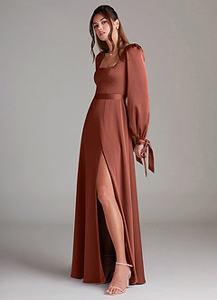 Azazie Leonia Bridesmaid Dresses Auburn A-Line Long Sleeve Stretch Satin Dress image5