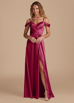 Azazie Ocean Robes de demoiselle d'honneur Robe Trapèze en Satiné métallisé Épaule décolletée Bourgogne image1