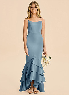Azazie Fay Junior Dusty Blue Mermaid Ruched Stretch Satin Dress image2