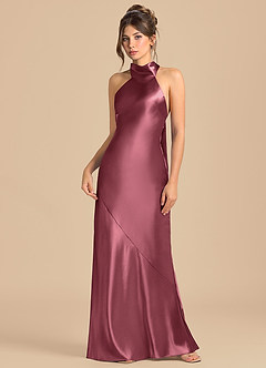 Azazie Velli Robes de demoiselle d'honneur Robe Fourreau en Satiné métallisé Col Haut Rose Du Désert image3