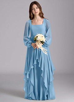 Azazie Clara Junior Steel Blue A-Line Blouson Chiffon Dress image7