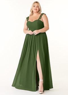 Azazie Metz Brautjungfernkleider A-Linie Herzchen Gerüscht Chiffon Kleid Olivgrün image7