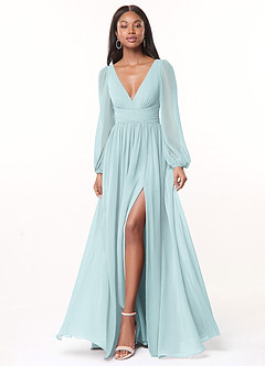 Azazie Norah Bridesmaid Dresses Mist A-Line V-Neck Long Sleeve Chiffon Dress image1