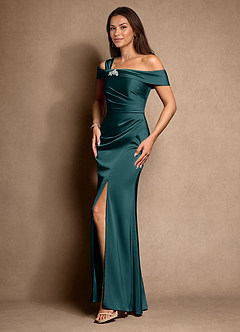 Azazie Altonia Mother of the Bride Dresses Pine Mermaid Off the Shoulder Stretch Satin Dress image5