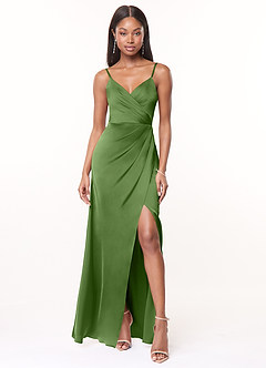 Azazie Maci Bridesmaid Dresses Basil A-Line V-Neck Pleated Stretch Satin Dress image1