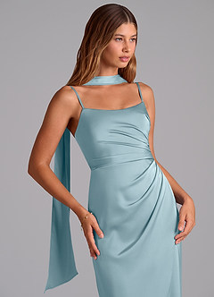 Azazie Calandra Robes de demoiselle d'honneur Robe Trapèze en Satin extensible Plissée Bleu Maussade image7