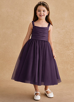 Azazie Gabbie Flower Girl Dresses Plum A-Line Pleated Matte Satin Dress image1