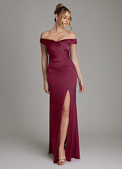 Azazie Teyana Bridesmaid Dresses Mulberry Sheath Off the Shoulder Stretch Satin Dress image1
