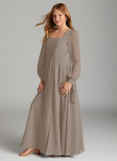 Azazie Leonia Junior Taupe A-Line with Pockets Chiffon Dress image4