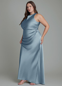Azazie Evadne Bridesmaid Dresses Dusty Blue Sheath Pleated Stretch Satin Dress image13
