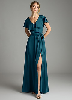 Azazie Lainey Bridesmaid Dresses Ink Blue A-Line with Pockets Stretch Satin Dress image3