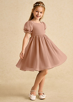 Azazie Jolie Flower Girl Dresses Champagne Rose A-Line with Sleeves Chiffon Dress image1
