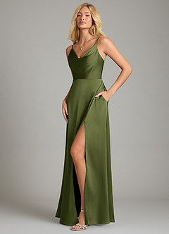 Azazie Sarella Bridesmaid Dresses Olive A-Line Pleated Stretch Satin Dress image5