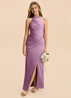 Azazie Jemma Junior Wisteria Sheath Ruched Stretch Satin Dress image4