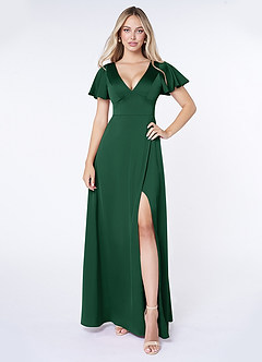 Azazie Lani Vestidos de damas de honor Vestido de Verde Oscuro de Satén Elástico de Corte en A con Manga volante image1