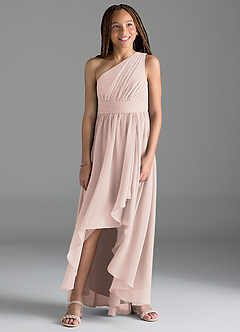 Azazie Mathilda Junior Rose Petal A-Line Pleated Chiffon Dress image4