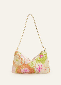 front Sequin Embroidered Floral Pearl Strap Shoulder Bag