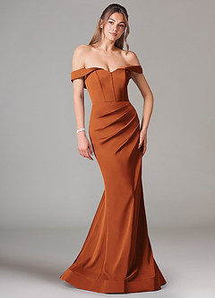 Azazie Everly Brudtärnklänningar Klänning av Sjöjungfru i Stretch Satin Av axeln Kanel Konvertibel image1