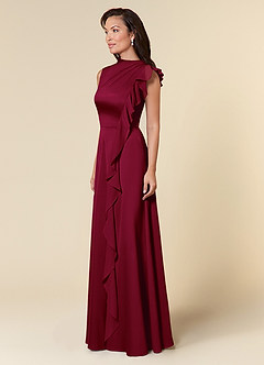 Azazie Narine Mother of the Bride Dresses Burgundy A-Line High Neckline Pleated Stretch Satin Dress image2