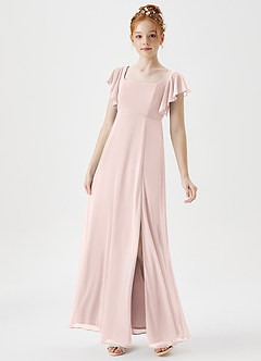 Azazie Bondi Junior Blushing Pink A-Line Side Slit Mesh Dress image3