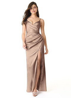 Azazie Sukia Final Sale Taupe Mermaid Pleated Metallic Satin Dress image1