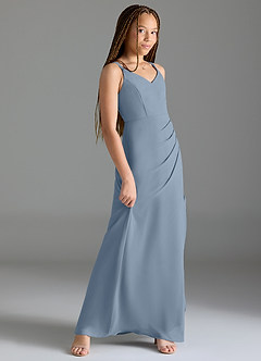 Azazie Leo Junior Vestido de Azul Polvoriento de Gasa de Sirena con Plisado image3