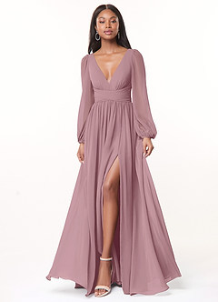 Azazie Norah Bridesmaid Dresses Dusty Rose A-Line V-Neck Long Sleeve Chiffon Dress image1
